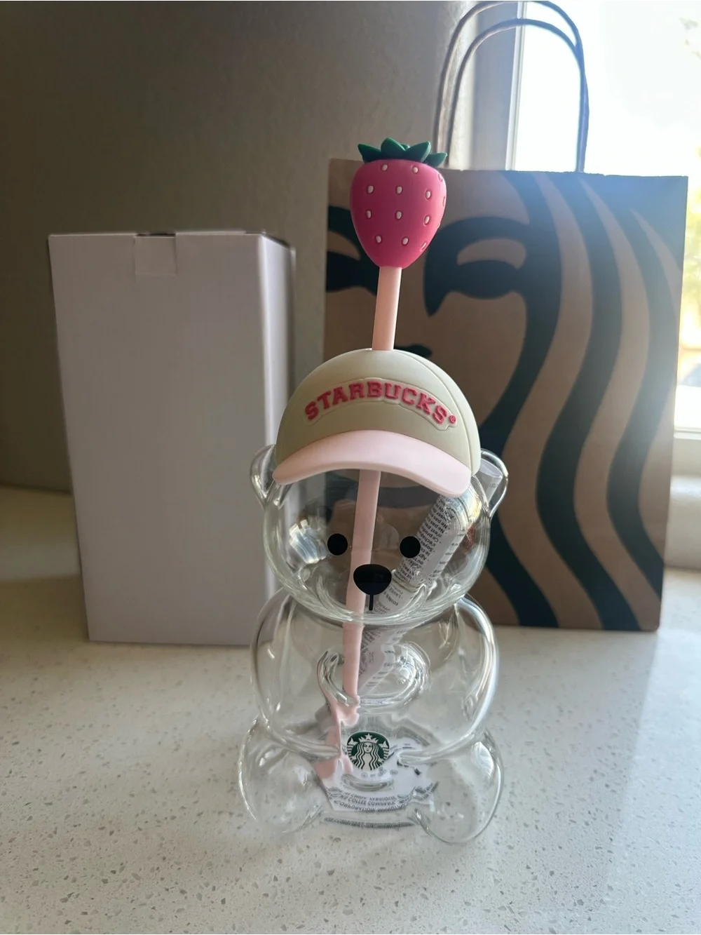 Starbucks Clear Bear Sipper with Pink Strawberry Straw and Cream Cap